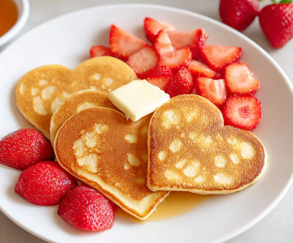 Delicious heart-shaped pancakes topped with syrup and berries for a romantic breakfast.