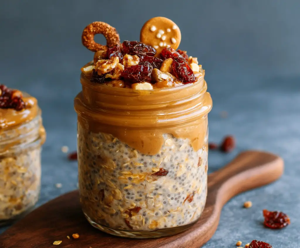 Delicious high protein gingerbread overnight oats topped with cinnamon and nuts in a glass jar.