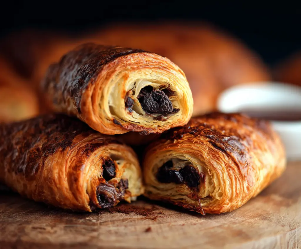 Delicious homemade chocolate croissants with flaky golden pastry and rich chocolate filling.