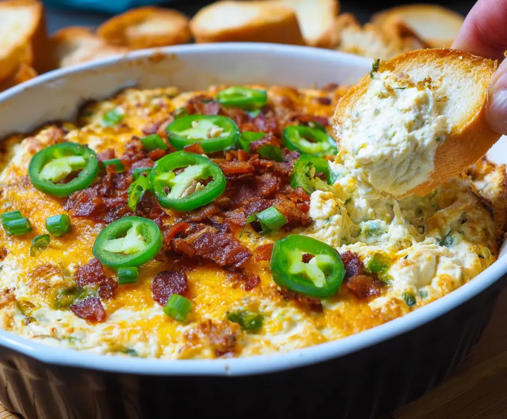 Creamy jalapeno popper dip with melted cheese and crispy bacon pieces served in a bowl.