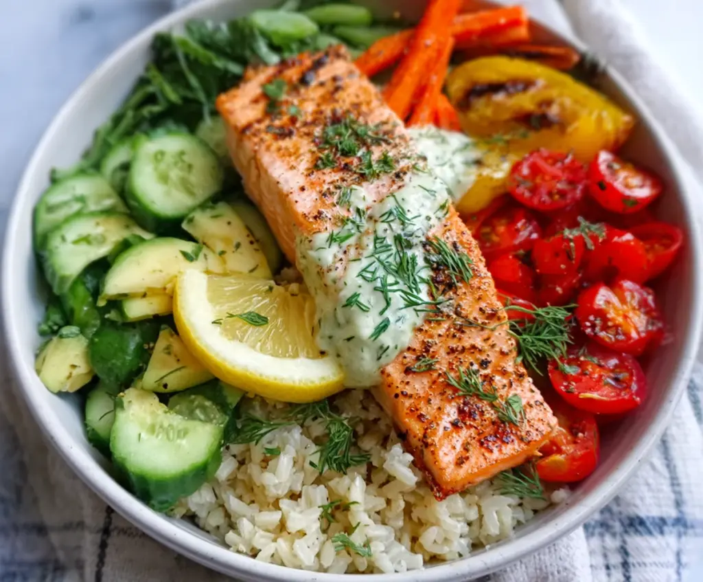 Fresh lemon dill salmon bowls served with vibrant vegetables and grains, perfect for a healthy meal.