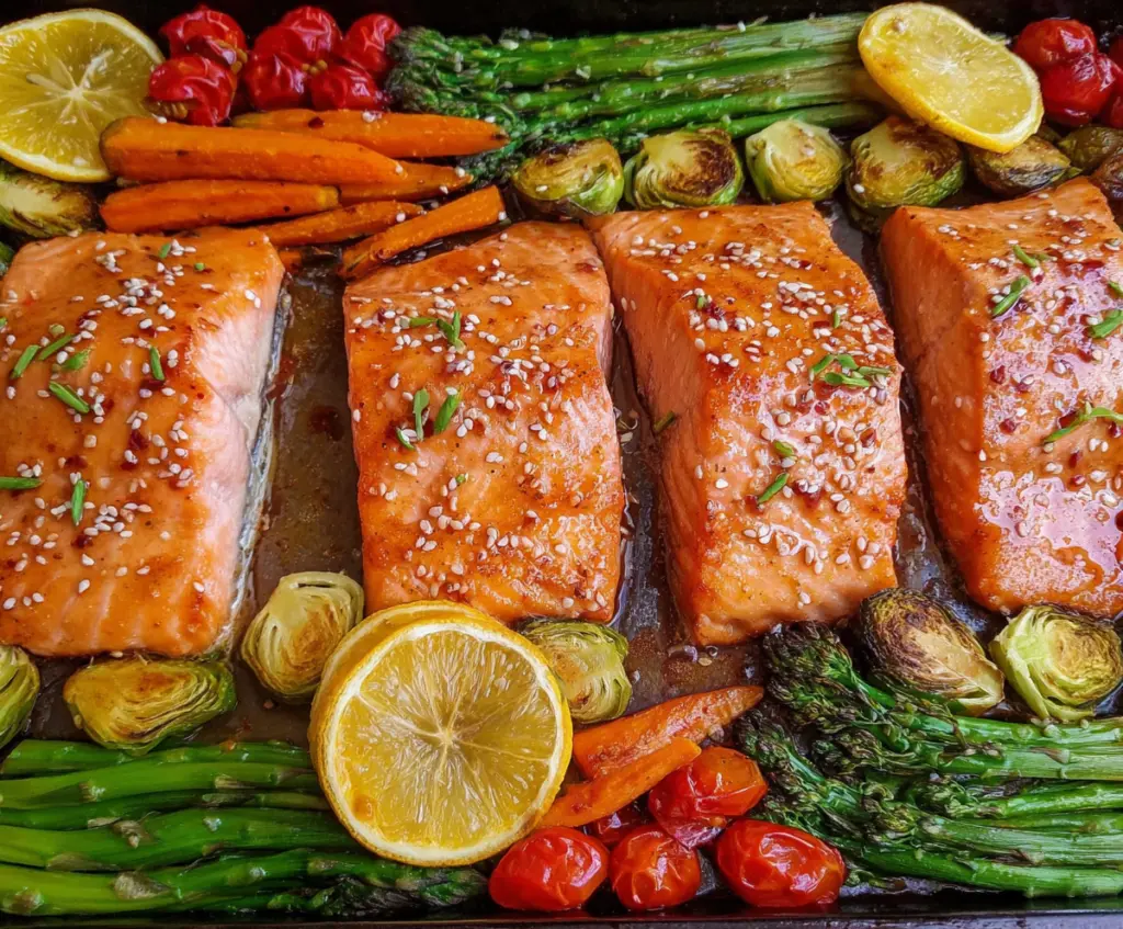 Delicious Maple Glazed Sheet Pan Salmon served with fresh herbs and vegetables.