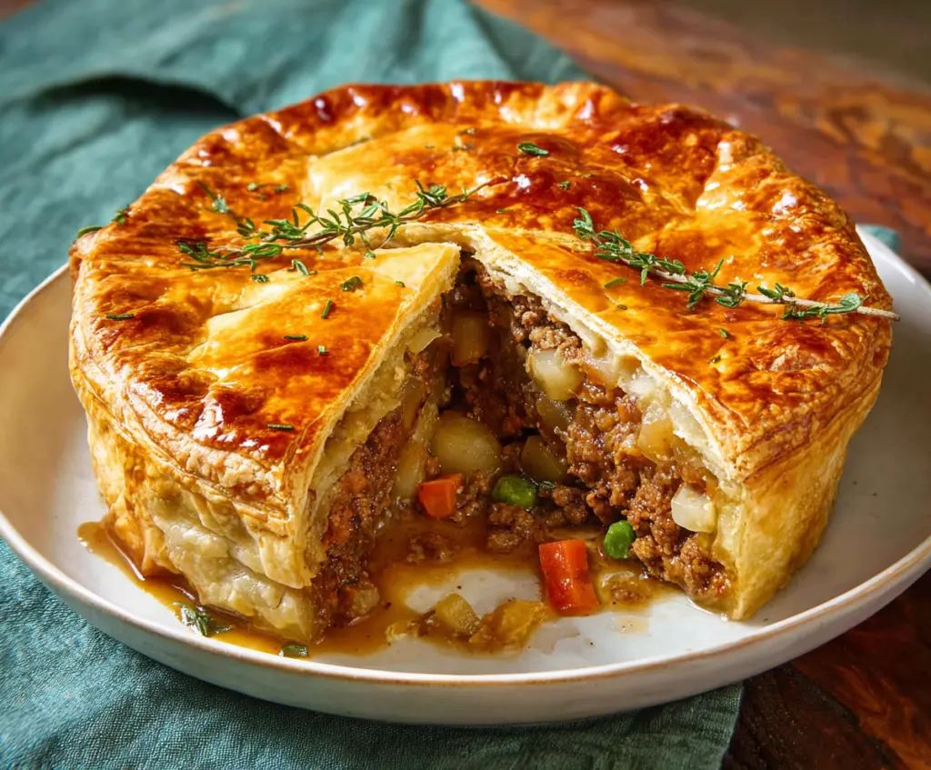 Delicious homemade meat pie with golden crust and savory filling ready to serve.