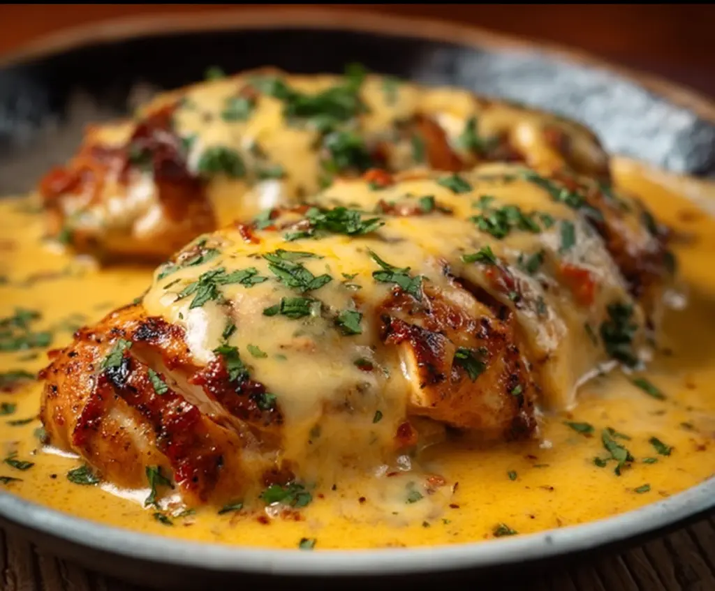 Delicious Mexican chicken topped with creamy cheese sauce, perfect for a flavorful dinner.