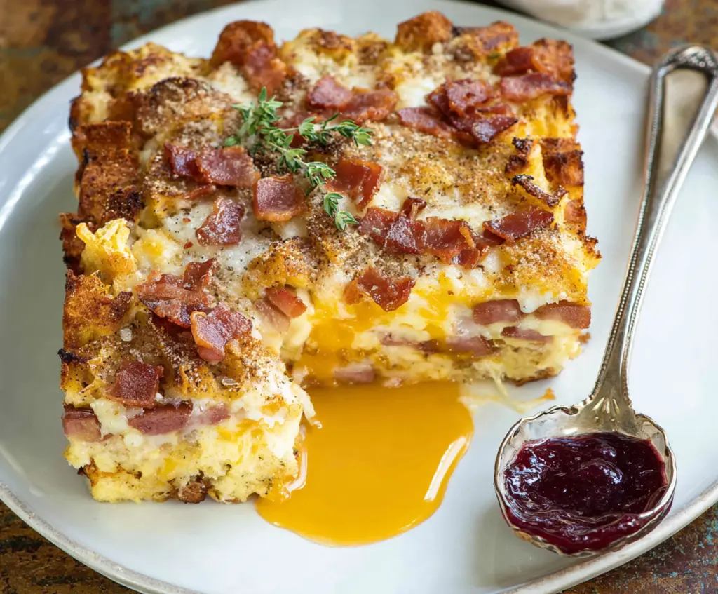 Delicious Monte Cristo Breakfast Casserole with melted cheese and crispy bread for a hearty breakfast