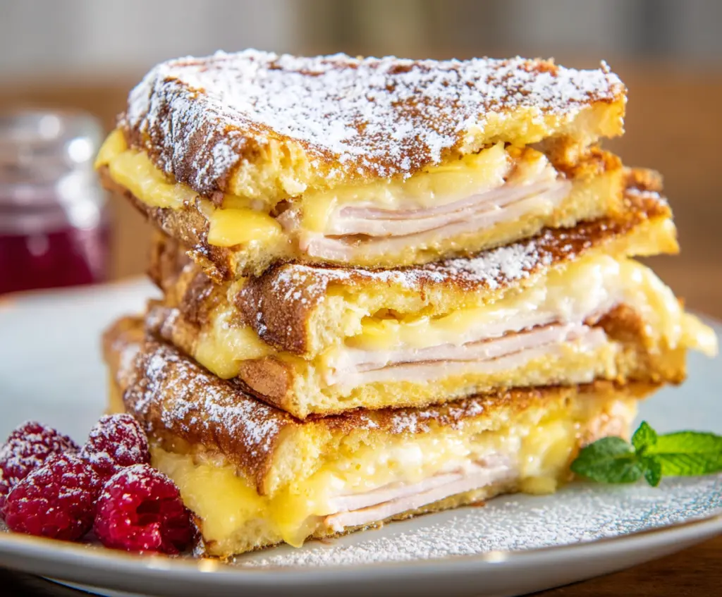 Delicious Monte Cristo Sandwich with melted cheese, ham, turkey, and crispy bread, perfect for a savory breakfast or lunch.