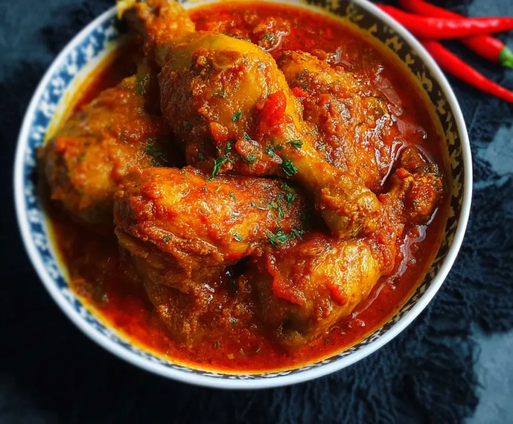 Delicious Nigerian chicken stew served with colorful vegetables and rice.