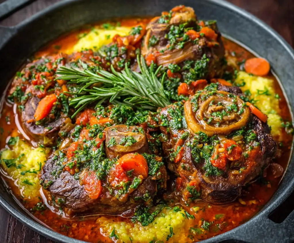 Delicious Osso Buco veal shank dish with tender meat and flavorful sauce on a rustic plate.