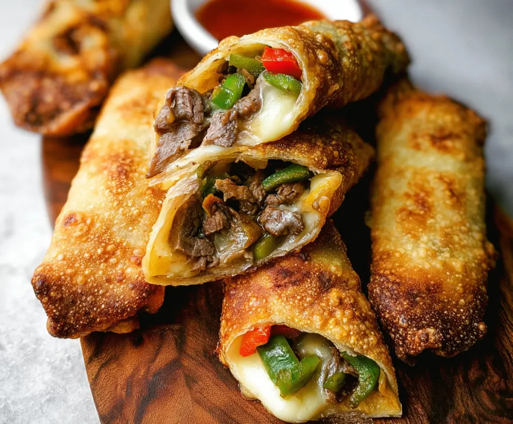 Delicious Philly Cheesesteak Egg Rolls filled with sliced beef, melted cheese, and crispy exterior on a white plate.