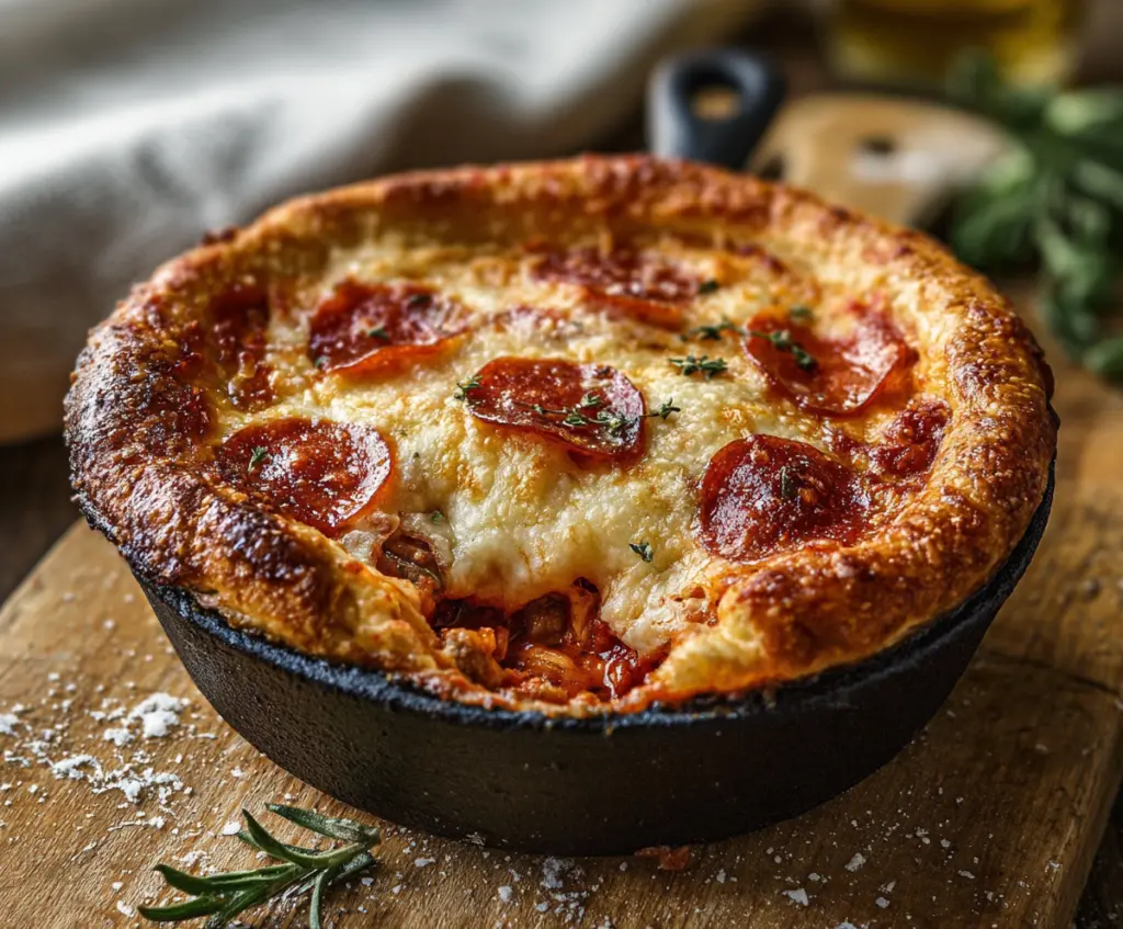 Delicious homemade pizza pot pies with melted cheese and savory toppings on a rustic plate.