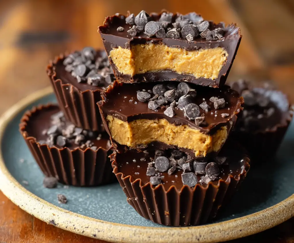 Delicious homemade protein peanut butter cups on a plate, perfect for a healthy snack.