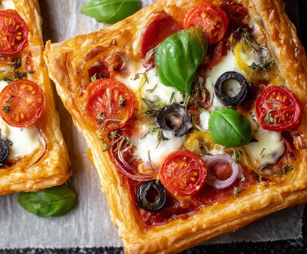 Delicious homemade puff pastry pizzas topped with cheese and vegetables.