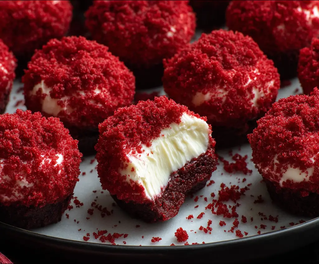Delicious Red Velvet Cheesecake Bites with cream cheese frosting on a fancy plate