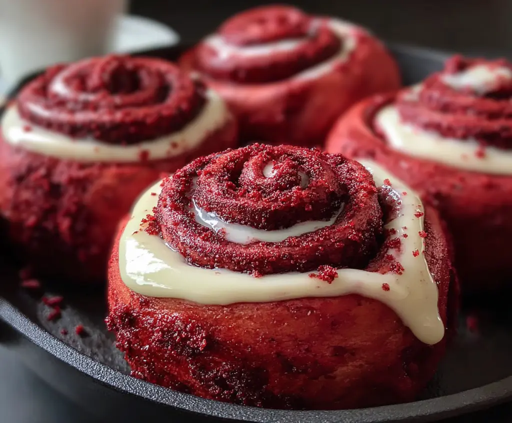 Delicious red velvet cinnamon rolls with cream cheese frosting on a white plate