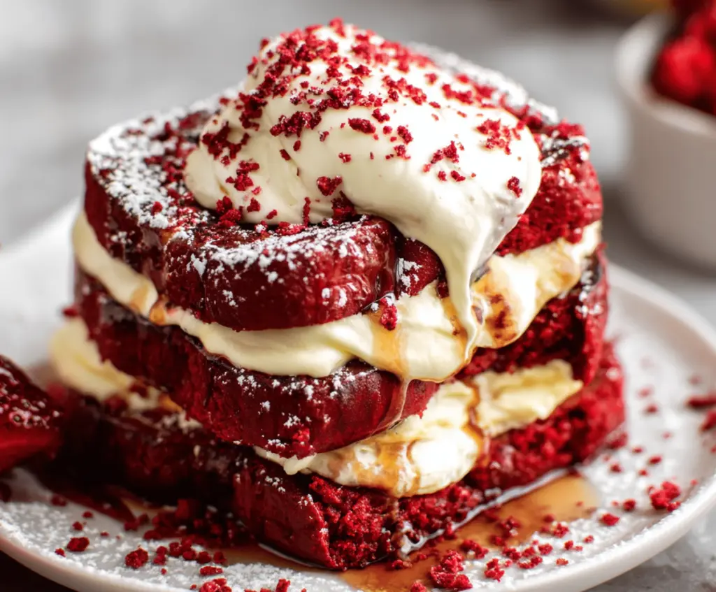 Delicious Red Velvet French Toast topped with cream cheese frosting and fresh berries.