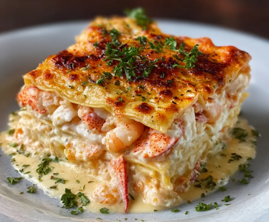 Delicious seafood lasagna featuring lobster and shrimp in a savory baked dish.