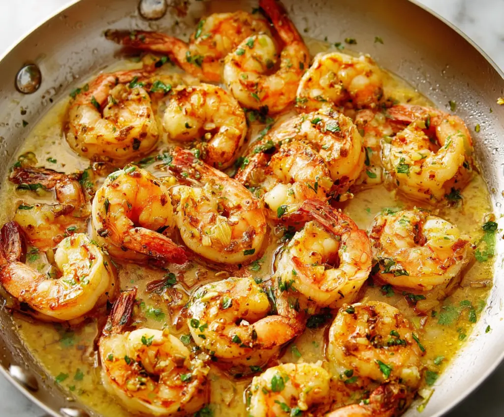 Delicious shrimp scampi with garlic butter served on a white plate garnished with fresh herbs