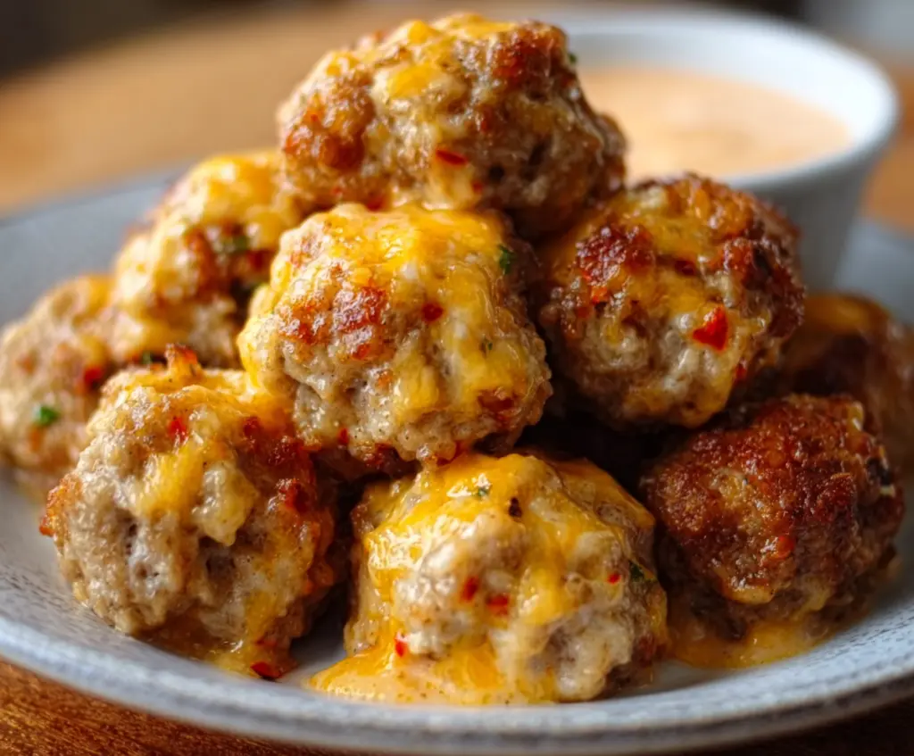 Delicious spicy Rotel cream cheese sausage balls ready to serve at a party.