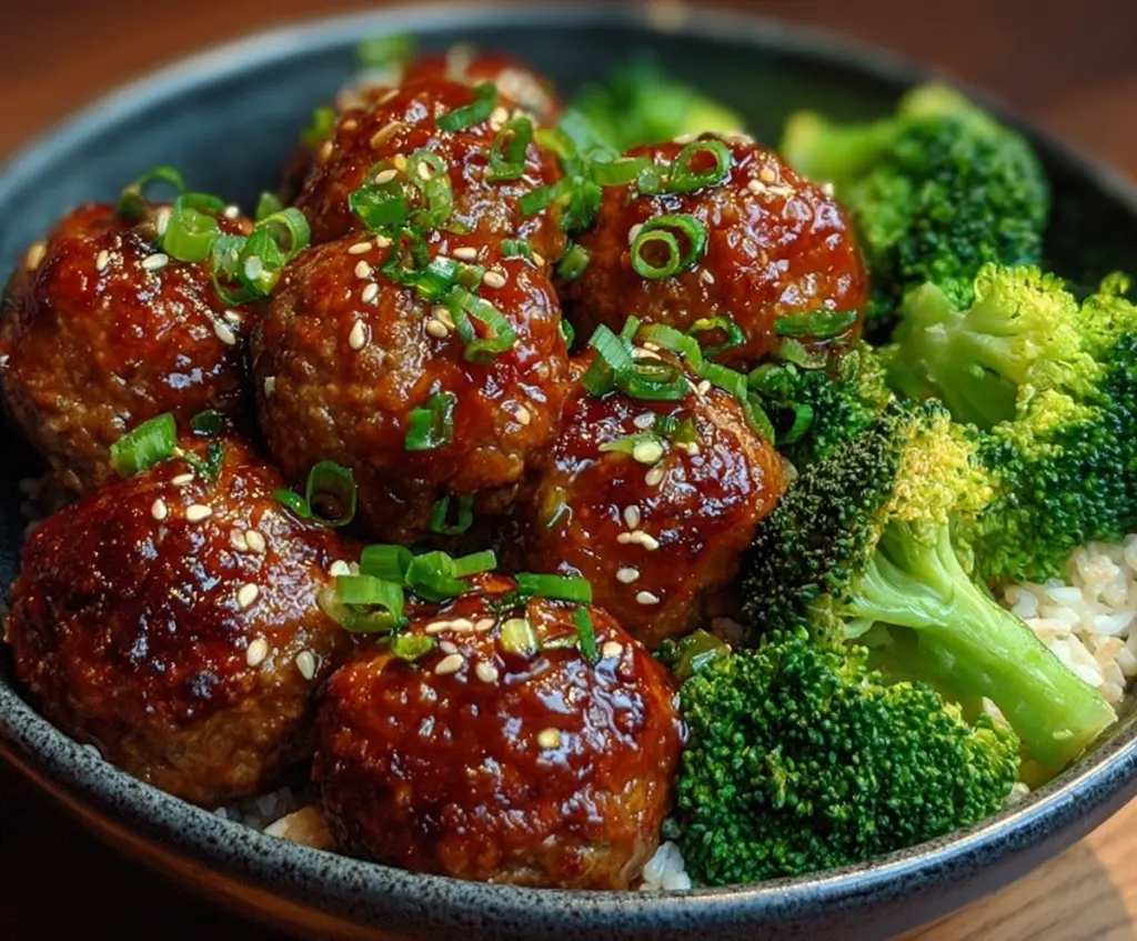 Delicious sticky Mongolian meatballs served with broccoli on a white plate, perfect for a flavorful Asian-inspired meal.