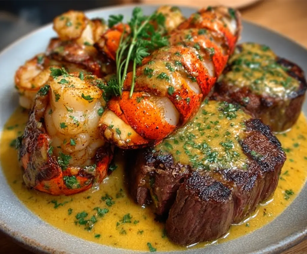 Delicious Surf and Turf recipe featuring perfectly cooked steak and succulent seafood on a plate.