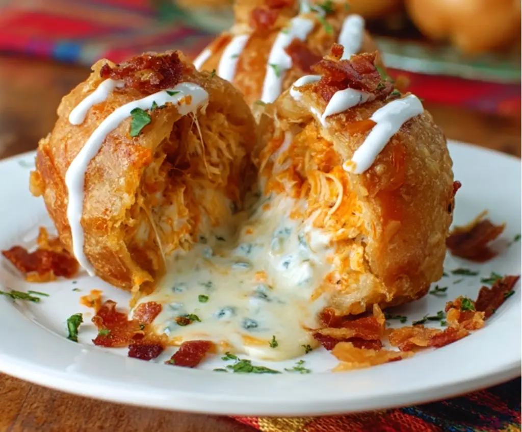 Delicious Buffalo Chicken Bacon Mozzarella Bombs ready to serve, featuring crispy bacon, spicy buffalo chicken, and melted mozzarella cheese.