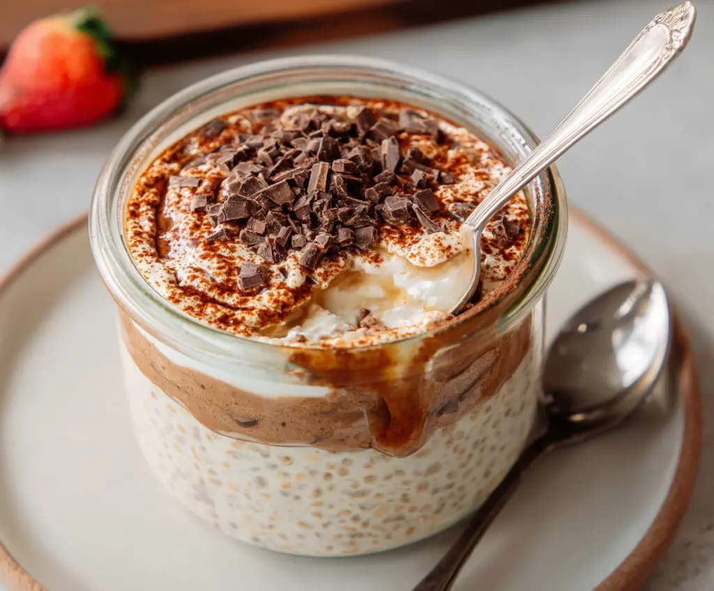 Delicious Tiramisu Overnight Oats in a glass jar with coffee and cocoa topping