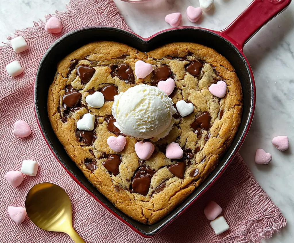 Delicious Valentine’s Day heart-shaped skillet cookie with chocolate chips, perfect for celebrating love and sweetness.