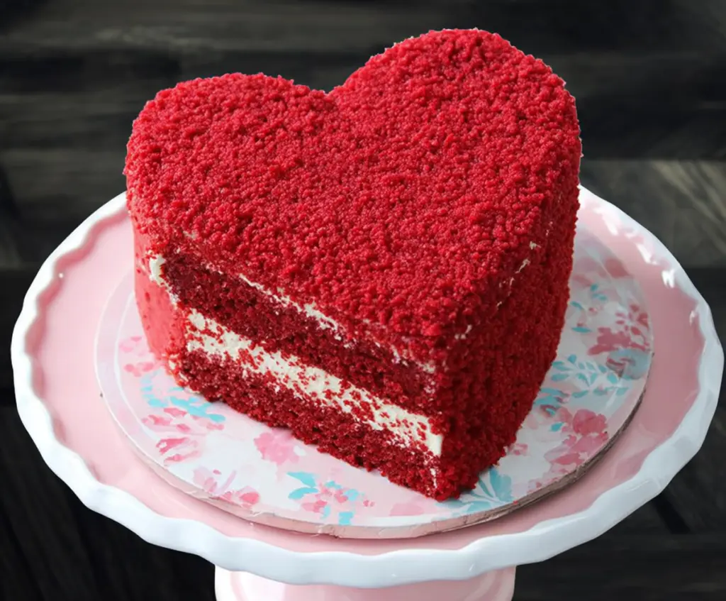 Delicious Valentine's Heart Red Velvet Cake garnished with cream cheese frosting for a romantic occasion.
