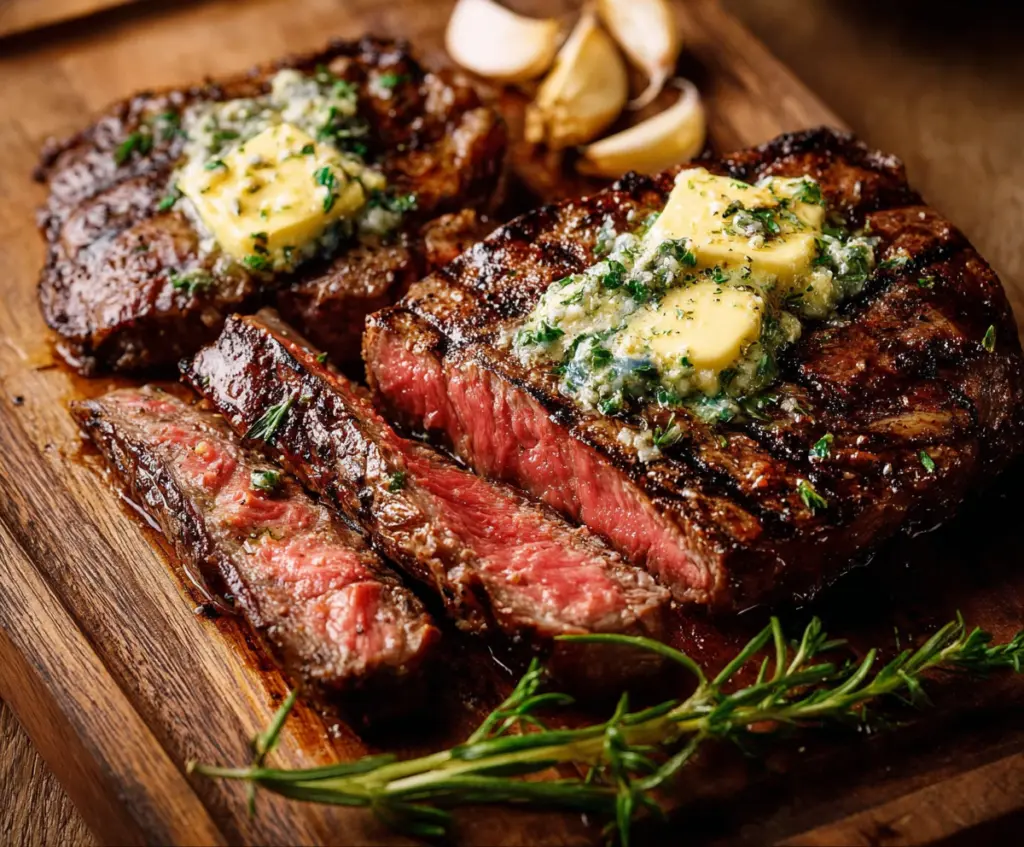 Juicy Wagyu steak topped with melted garlic butter on a rustic wooden platter