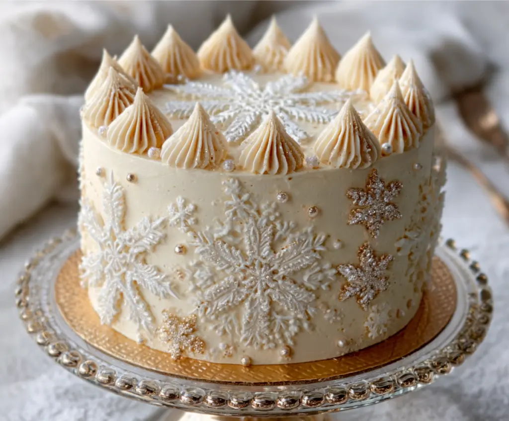 Winter Vanilla Snowflake Cake decorated with snowflake-shaped icing and festive sprinkles