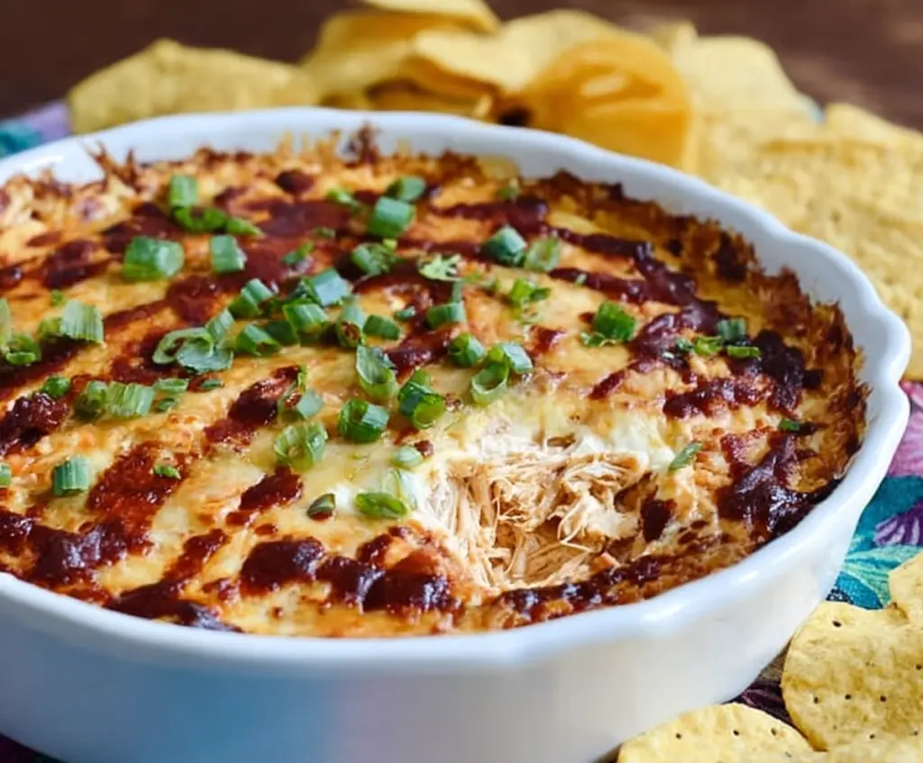 Delicious BBQ chicken dip served in a bowl, garnished with chopped herbs, perfect for game day or parties.