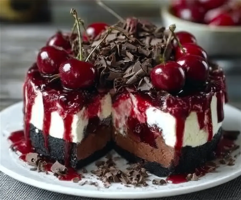 Delicious Black Forest Cheesecake topped with cherries and whipped cream