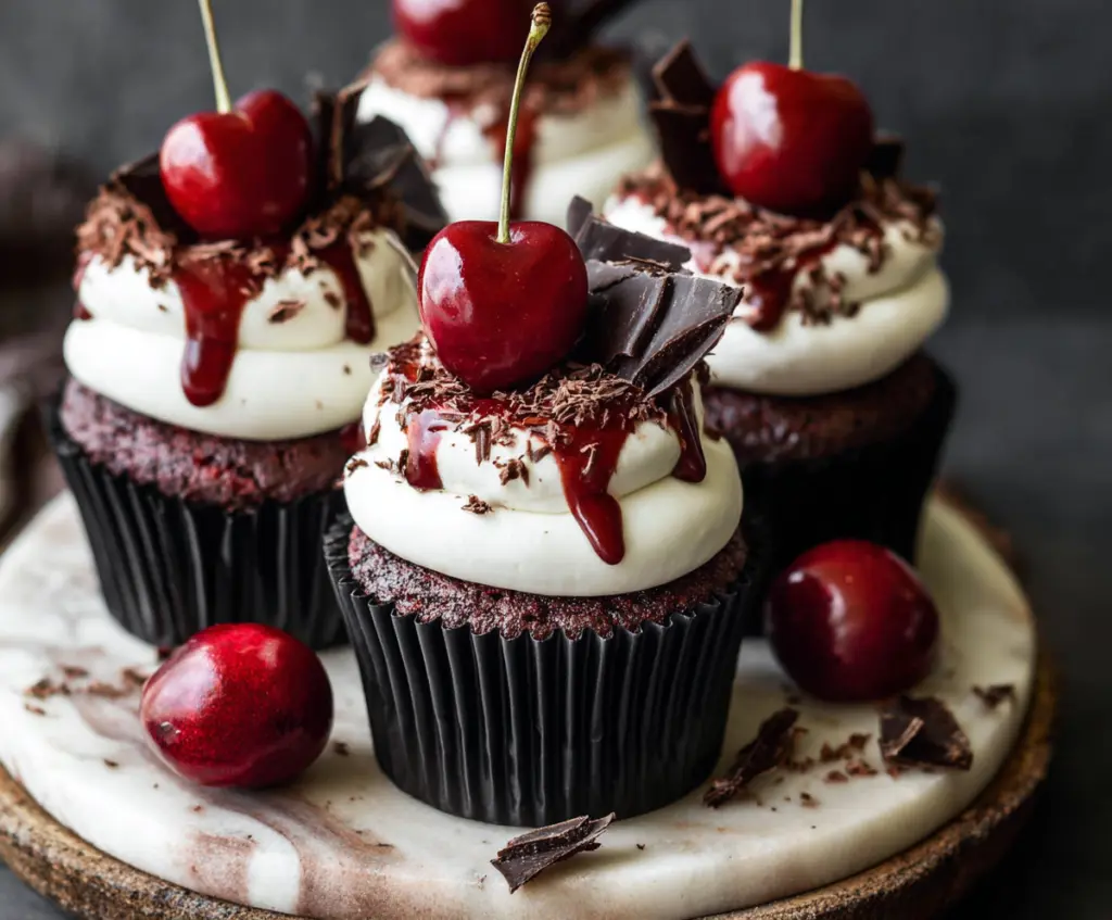 Delicious Black Forest Cupcakes topped with cherries and whipped cream on a decorative plate