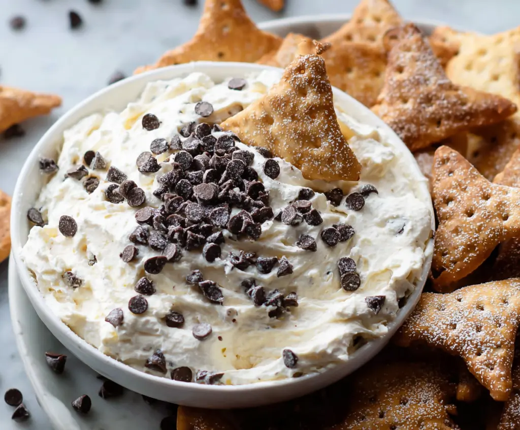 Delicious cannoli dip served with crispy waffle cone chips, perfect for desserts and parties.