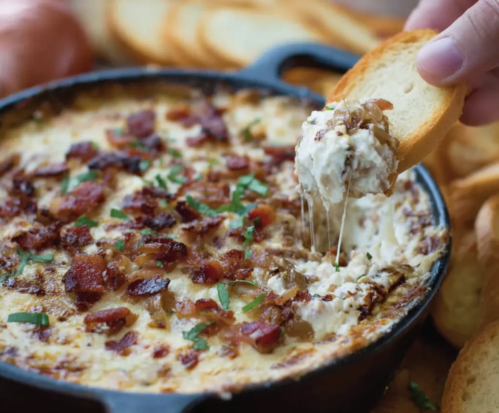 Creamy caramelized onion and crispy bacon dip served in a bowl, perfect for snacks and parties.