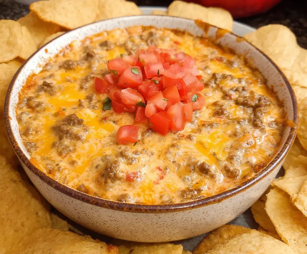 Creamy Cheesy Sausage Rotel Dip served in a bowl, perfect for parties and gatherings.