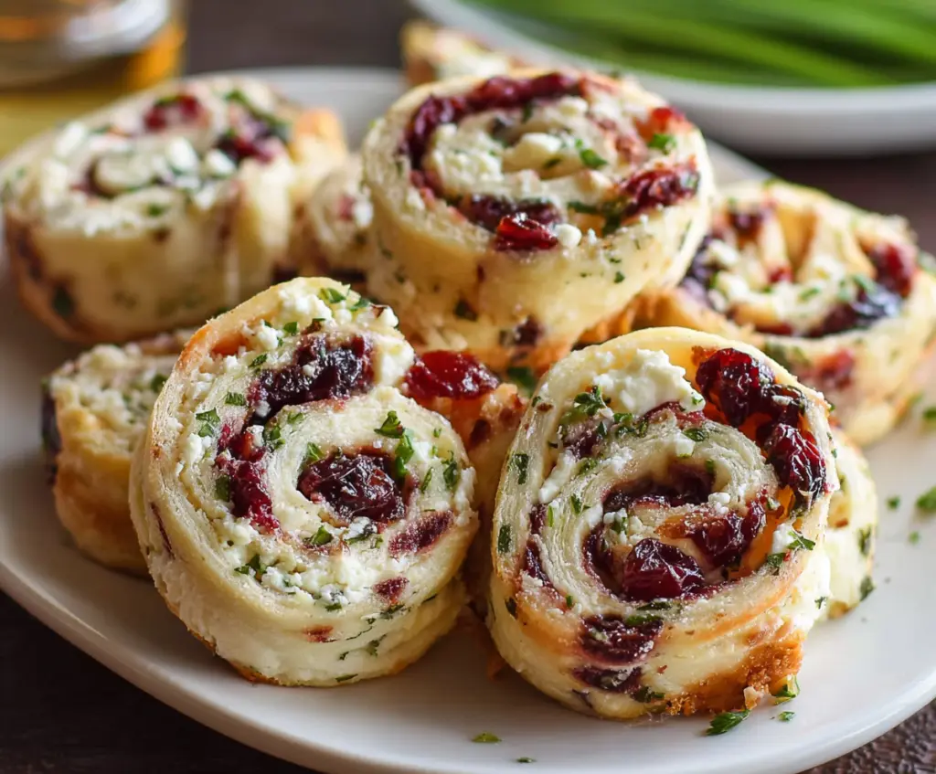 Cranberry feta pinwheels on a platter, showcasing vibrant red cranberries and creamy feta cheese in flaky pastry slices.