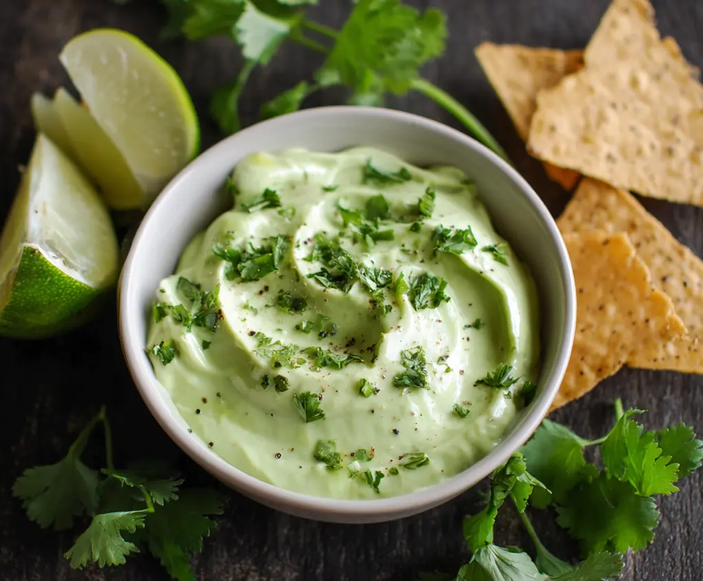 Creamy avocado cilantro lime dip served in a bowl with fresh cilantro and lime wedges.