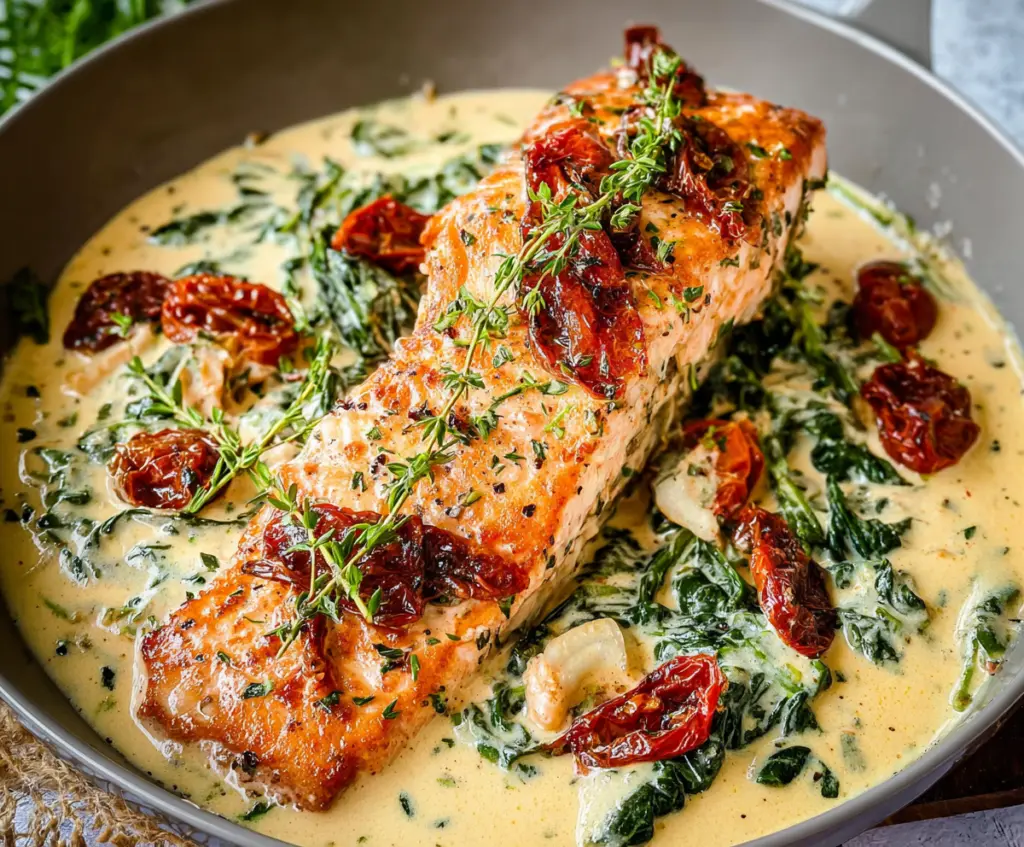 Creamy Tuscan Salmon served with fresh basil and cherry tomatoes on a white plate.