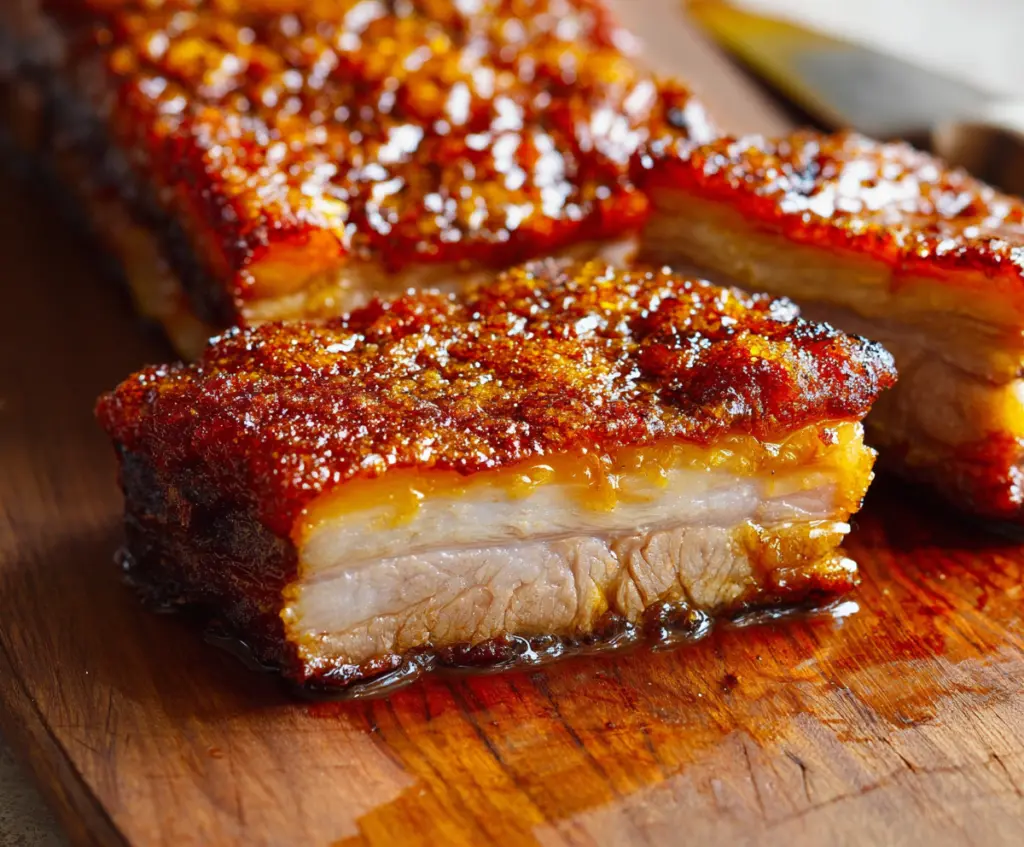 Delicious crispy pork belly served with golden crackling and tender meat, perfect for a savory meal.