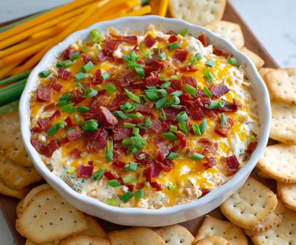 Creamy Million Dollar Dip served with fresh vegetables and crackers, perfect for parties and gatherings.