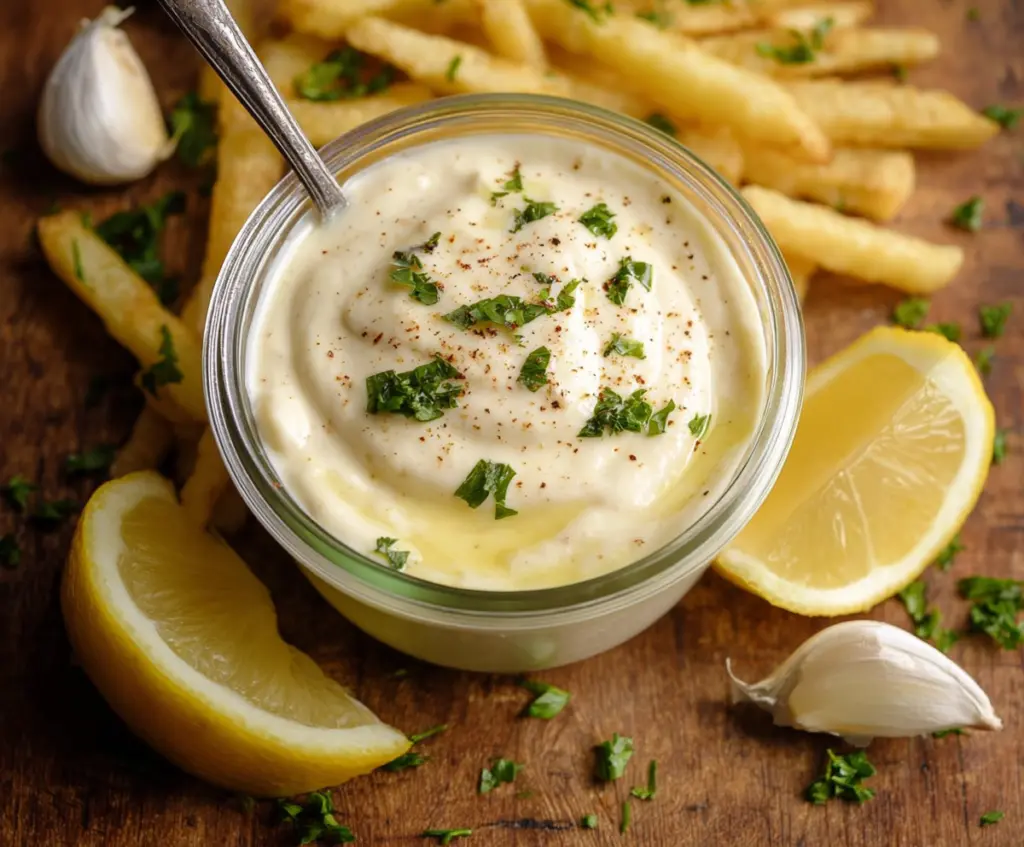 Creamy garlic aioli sauce in a bowl, perfect for dipping or drizzling on sandwiches.