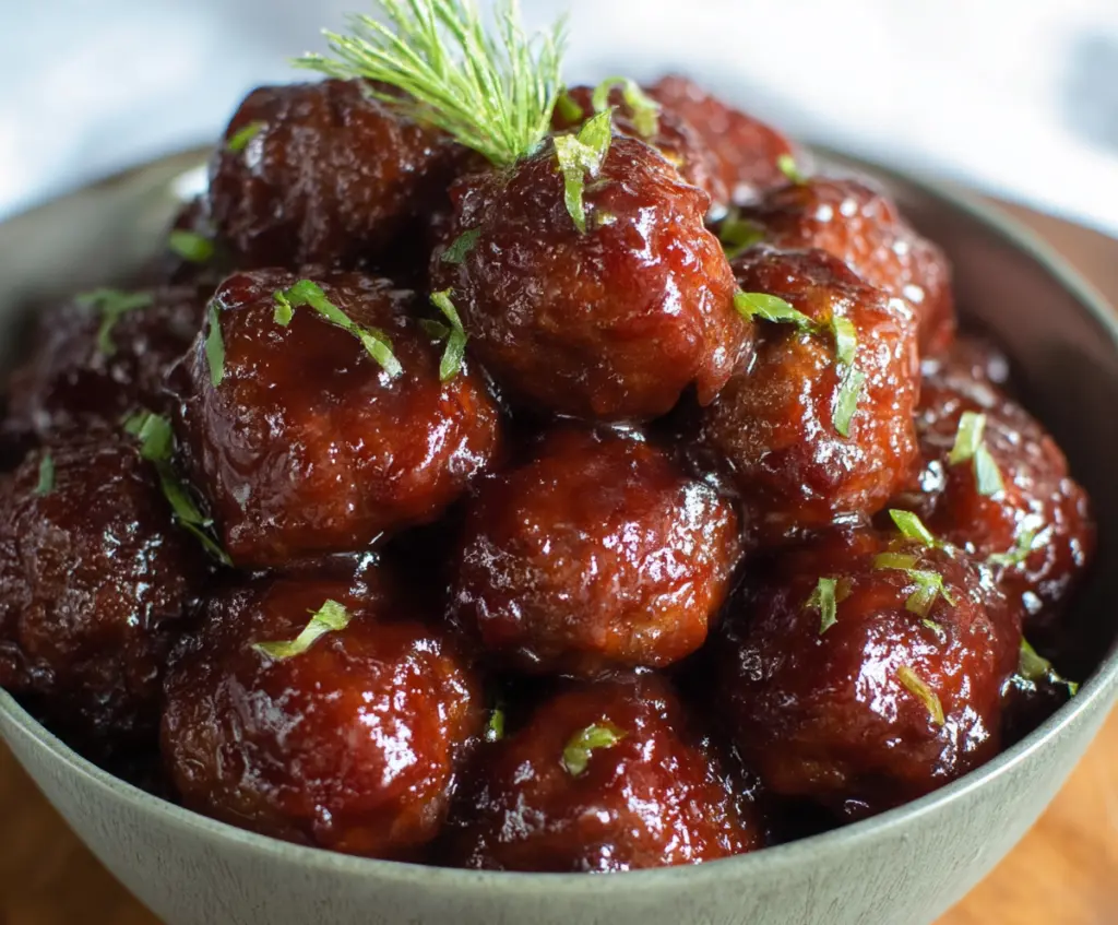 Delicious grape jelly meatballs served on a platter, perfect for party appetizers