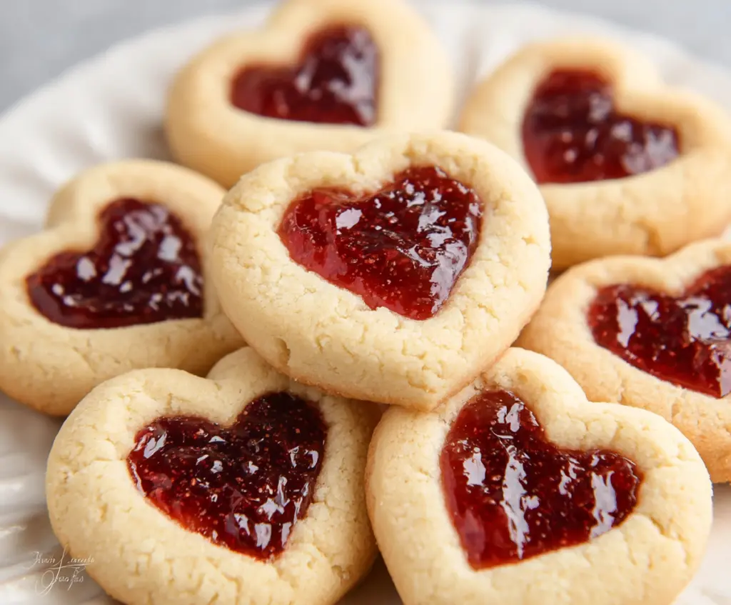 Delicious Heart Jam Cookies with a golden-brown crust and sweet fruit filling, perfect for Valentine's Day treats.