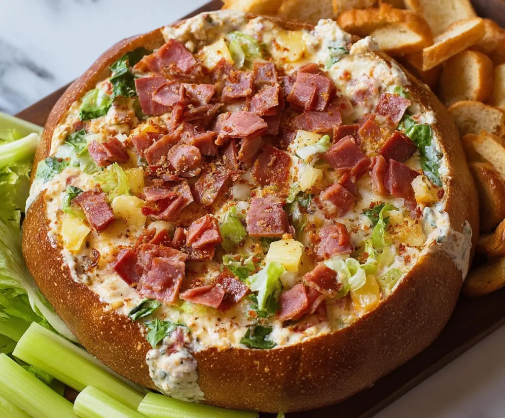 Delicious hoagie dip served with fresh bread and colorful vegetables, perfect for snack or party appetizer.