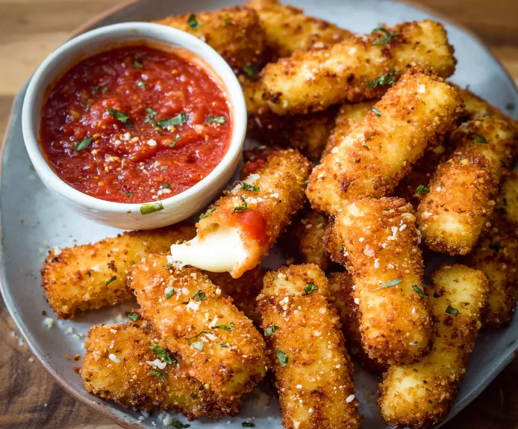 Golden crispy homemade mozzarella sticks with melted cheese inside, perfect for snacking.