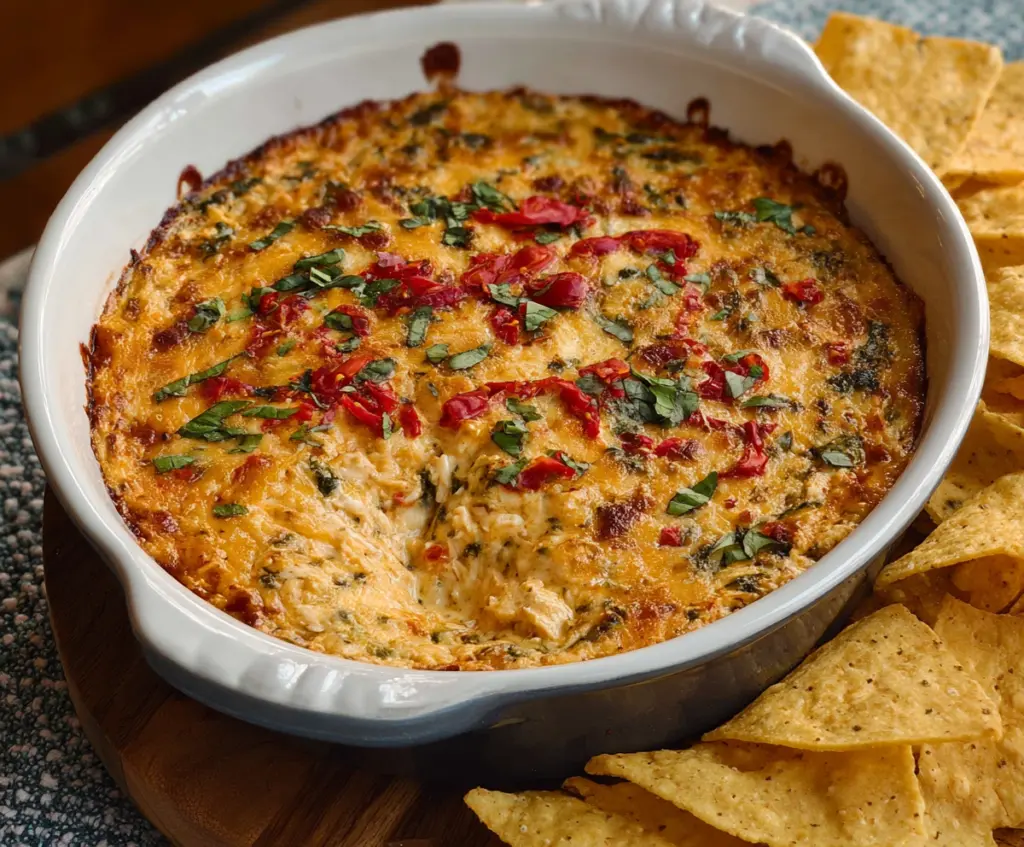 Creamy Marry Me Chicken Dip with melted cheese and herbs, served as a delicious appetizer.