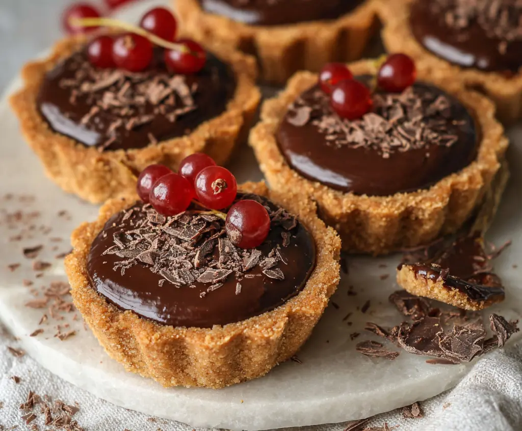 Delicious mini chocolate tarts topped with smooth ganache, perfect for dessert lovers.