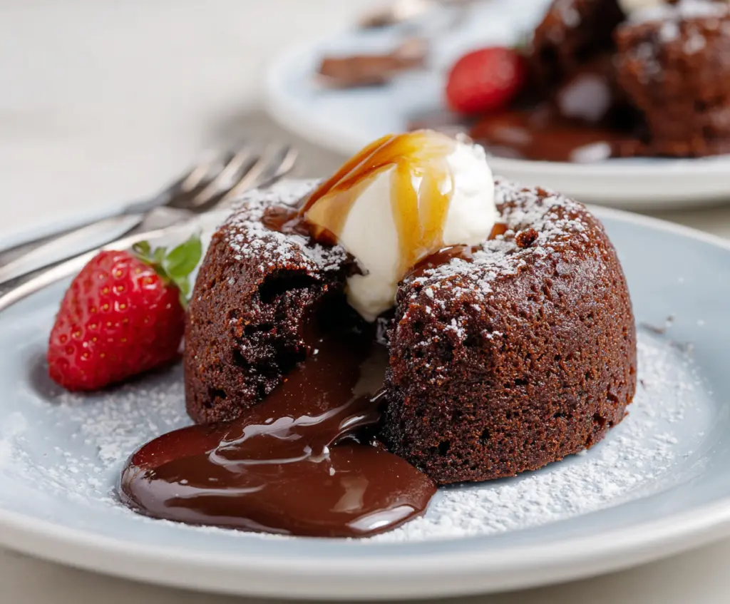 Delicious molten chocolate lava cake with gooey center, served warm with a dusting of powdered sugar.