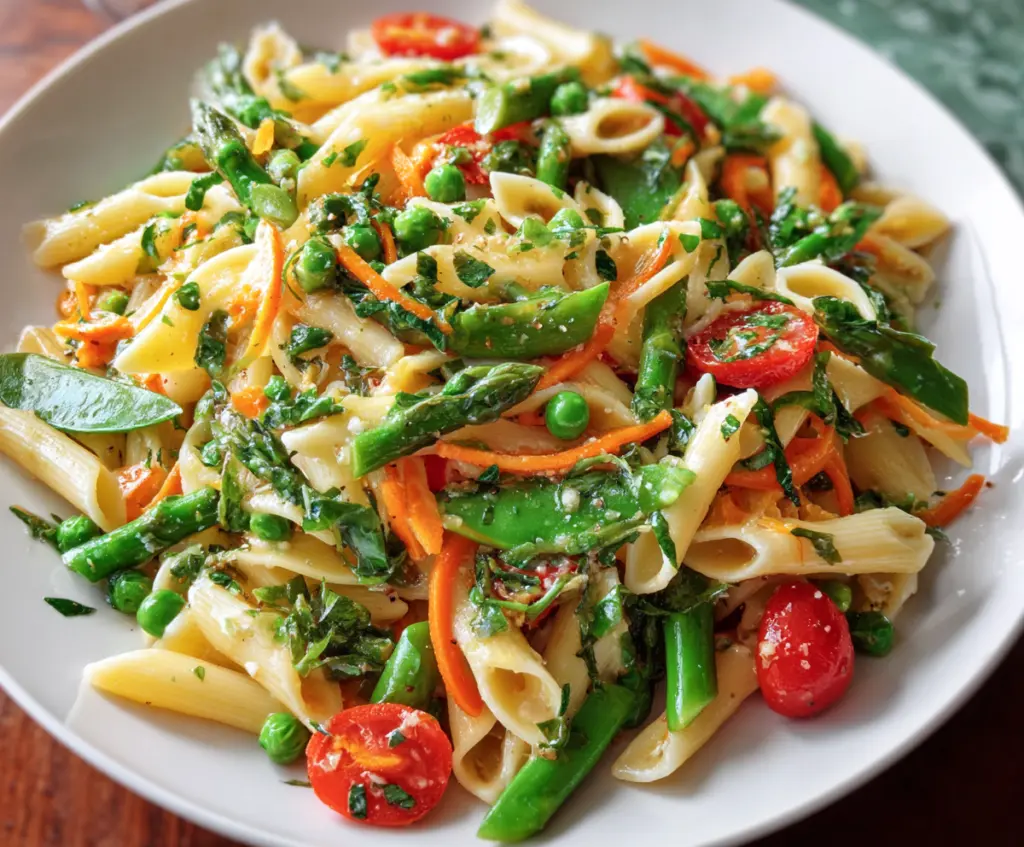 Colorful Pasta Primavera with fresh vegetables and herbs on a white plate